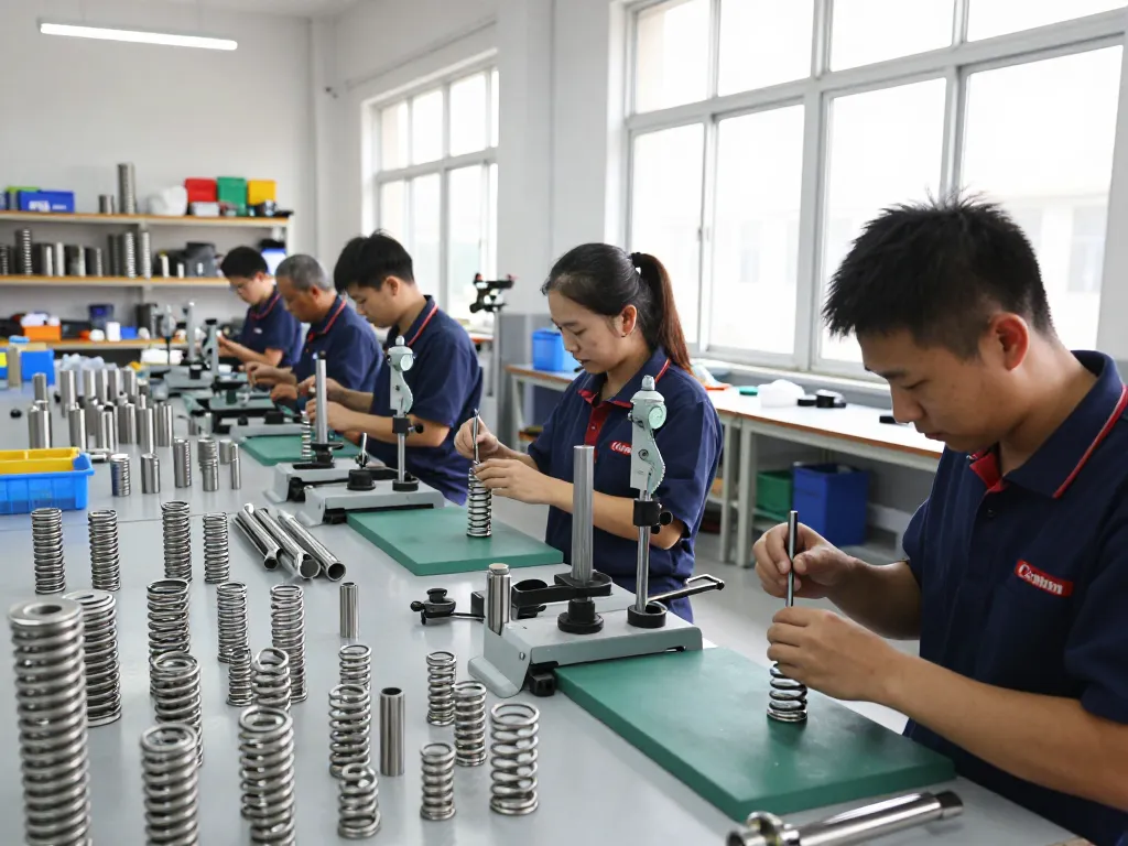 Tehnicieni asamblând arcuri inox într-un atelier industrial luminos.