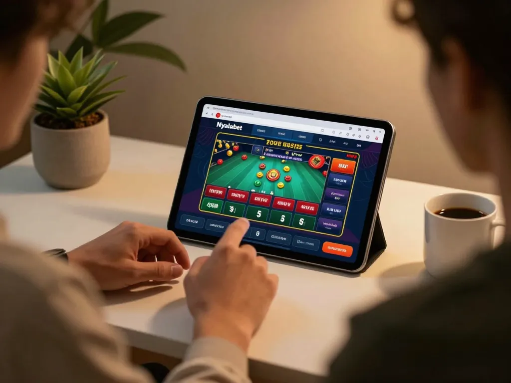 Nyalabet user placing strategic bets on a tablet during a cozy home gaming session.