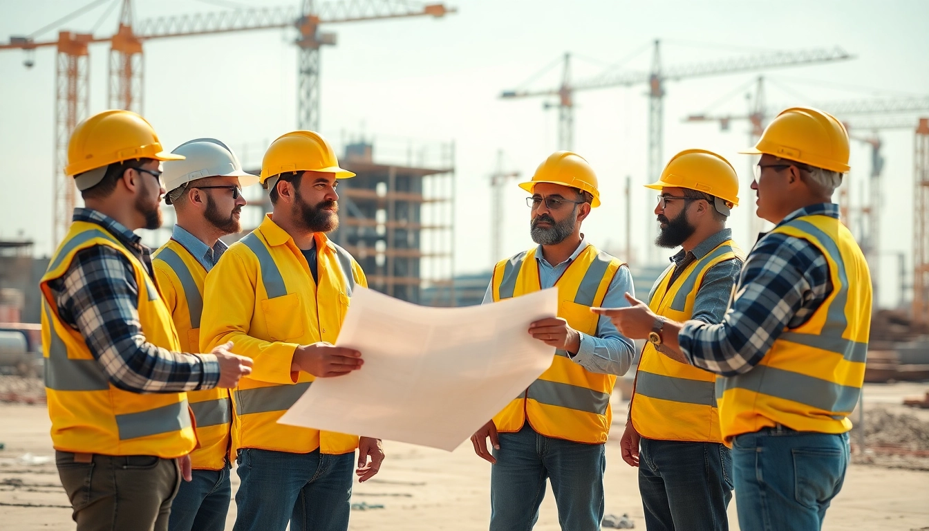Construction association professionals discussing blueprints on a lively job site.