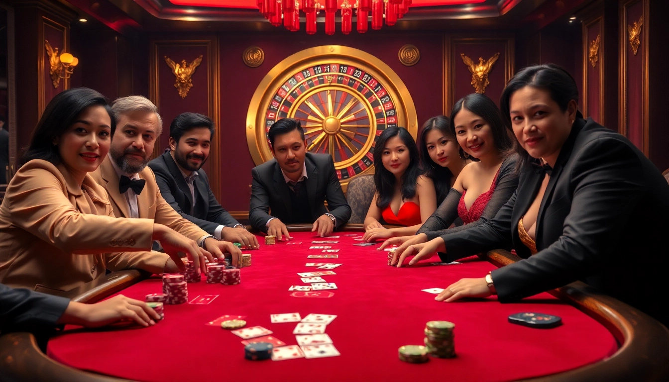PS99 poker players excitedly betting at a luxurious casino table, showcasing vibrant chips and cards.
