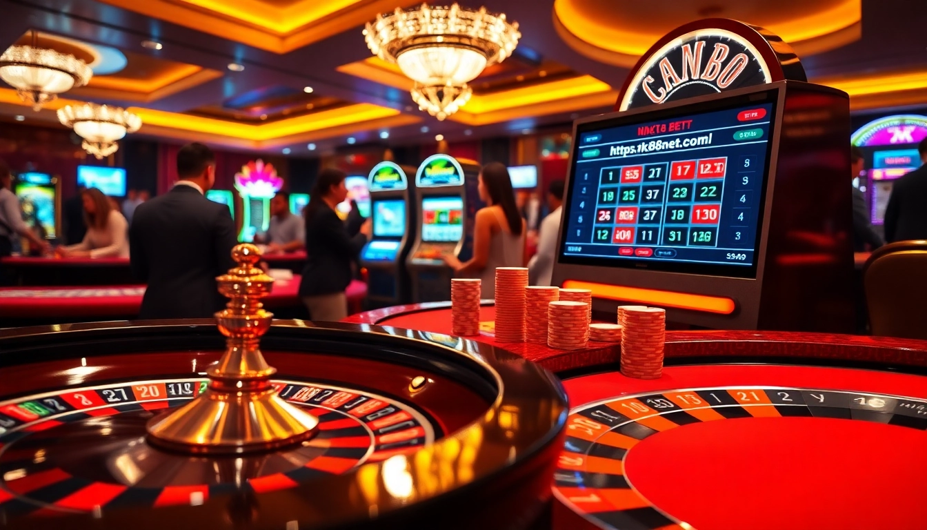 Gamblers celebrating wins at a lively casino scene featuring https://nk88net.com/ and poker chips.