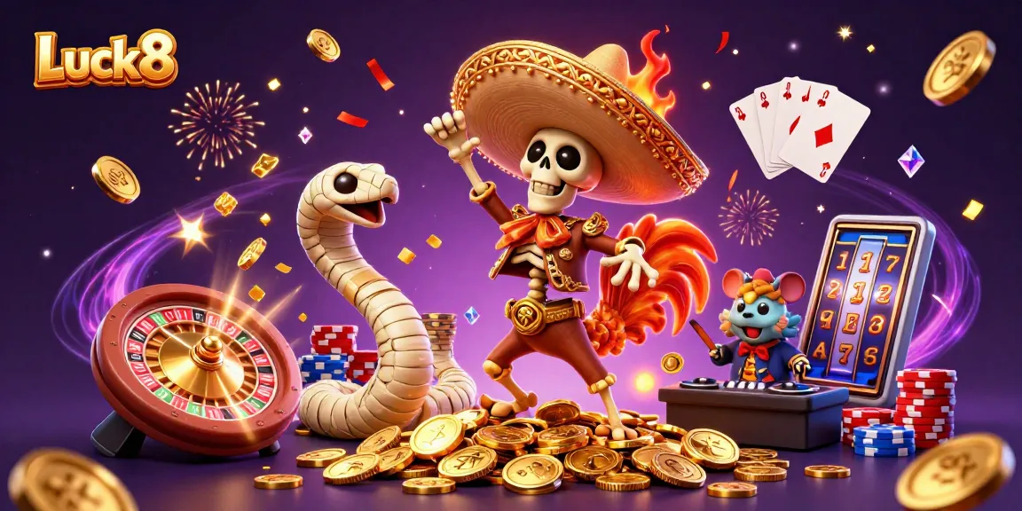Luck8 celebrates with a dancing mariachi rooster and zombie DJ amidst casino richness and festive elements.