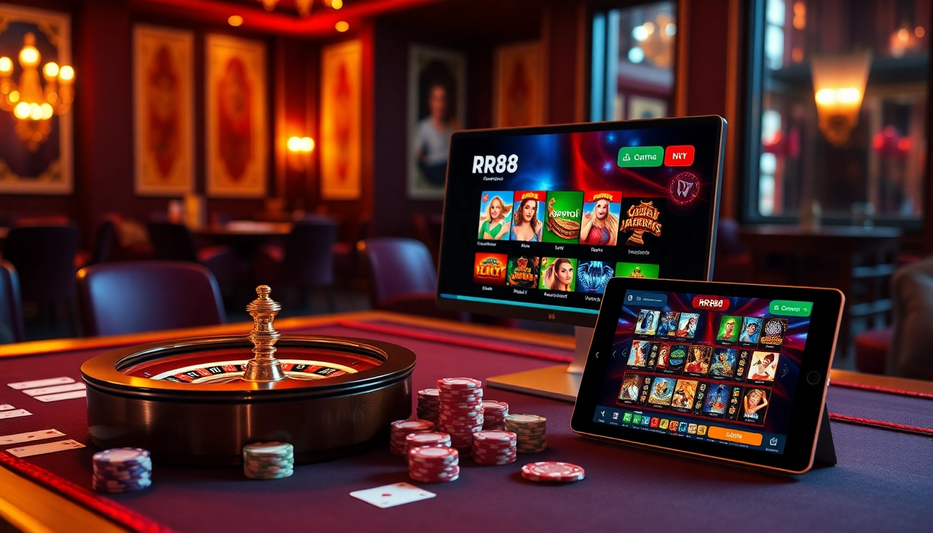 The online gaming interface at https://rr88c.org/ showcases a vibrant casino scene with poker chips and roulette.