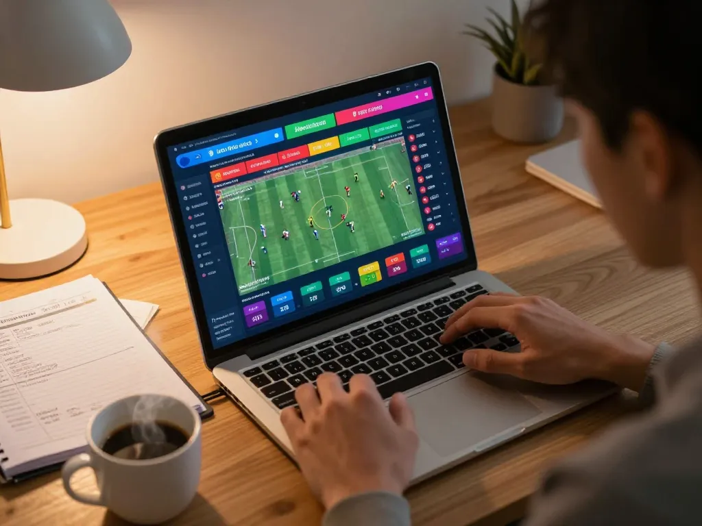 Analyzing keo nha cai on a laptop for informed sports betting decisions in a cozy home setting.