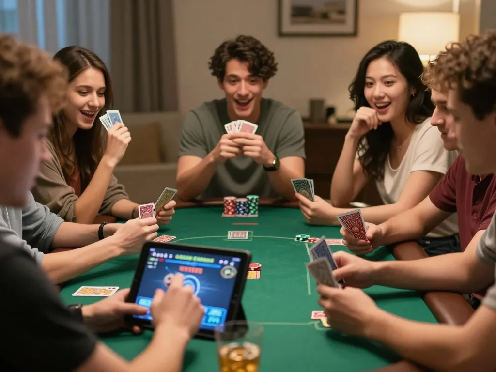 Friends enjoying an online poker game at home with 68win, showcasing engagement and strategy