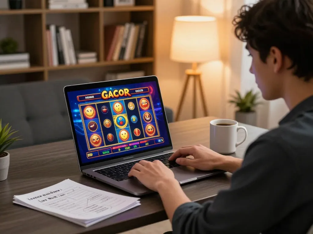 Engaging in slot gacor thailand gaming online with a laptop in a cozy home office