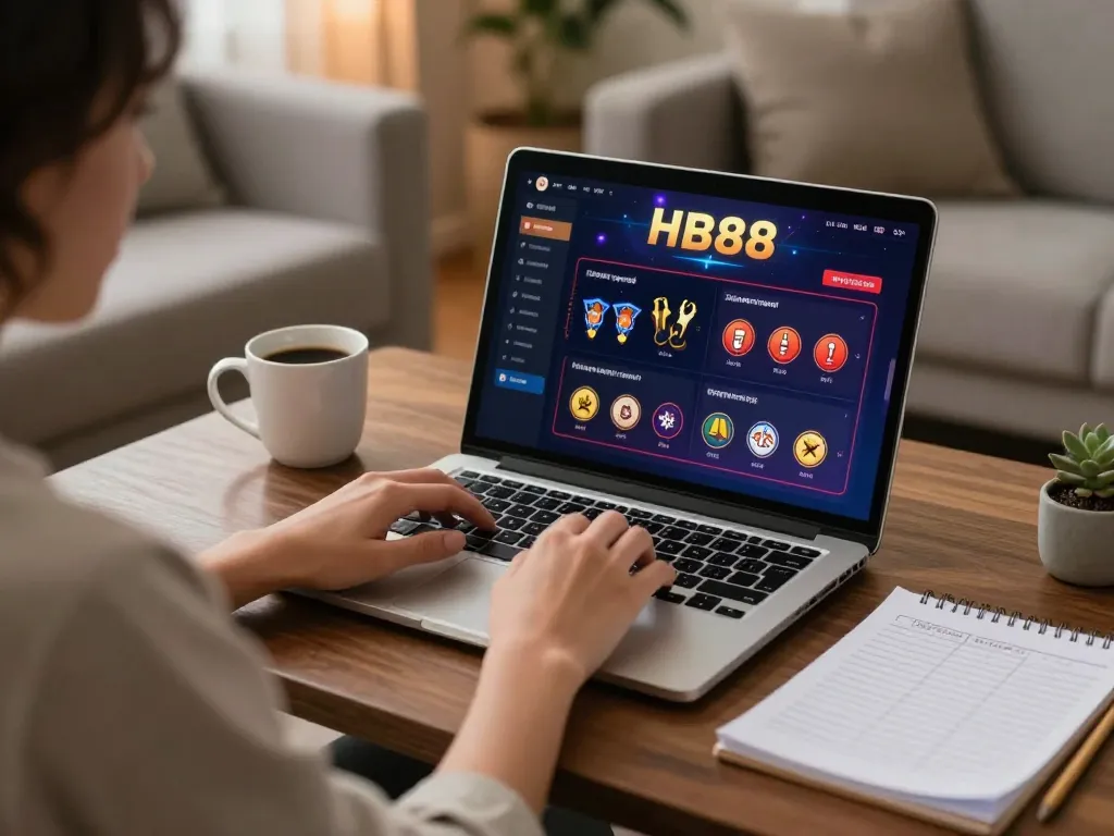 Player engages in HB88 online casino gaming with strategy notes and cozy home ambiance.