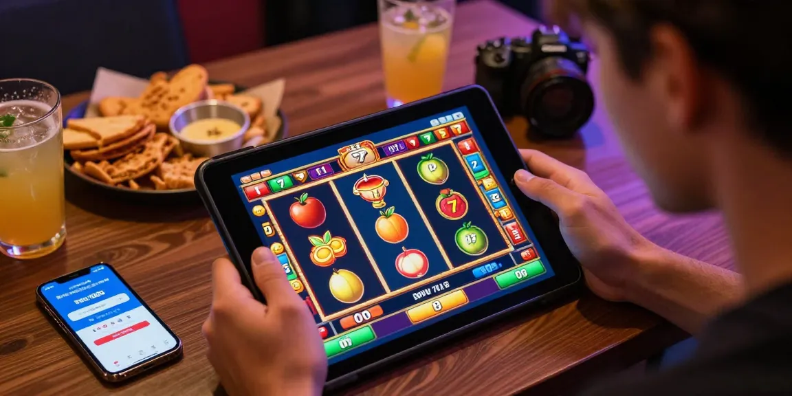 Exciting slot depo 1000 gaming scene with player using tablet featuring vibrant graphics and snacks.