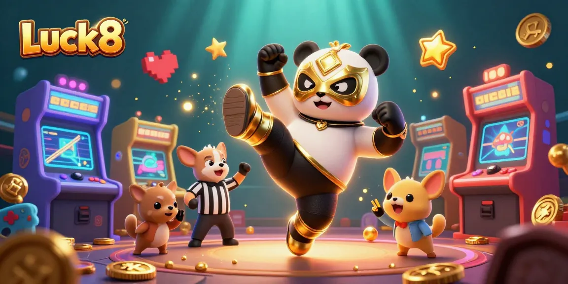 Join the Luck8 action with a vibrant 3D casino scene featuring a panda wrestler.