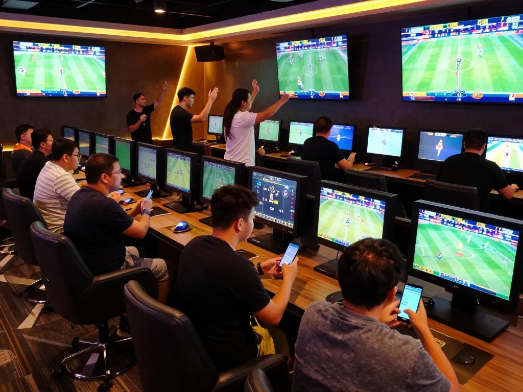 Excited bettors placing wagers at a sports betting lounge, highlighting the engaging atmosphere of lv88.com.