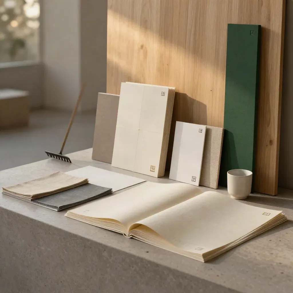 Rain-lit brand materials: paper, mockups, logo tiles, swatches, ceramic cup, pale wood wall.
