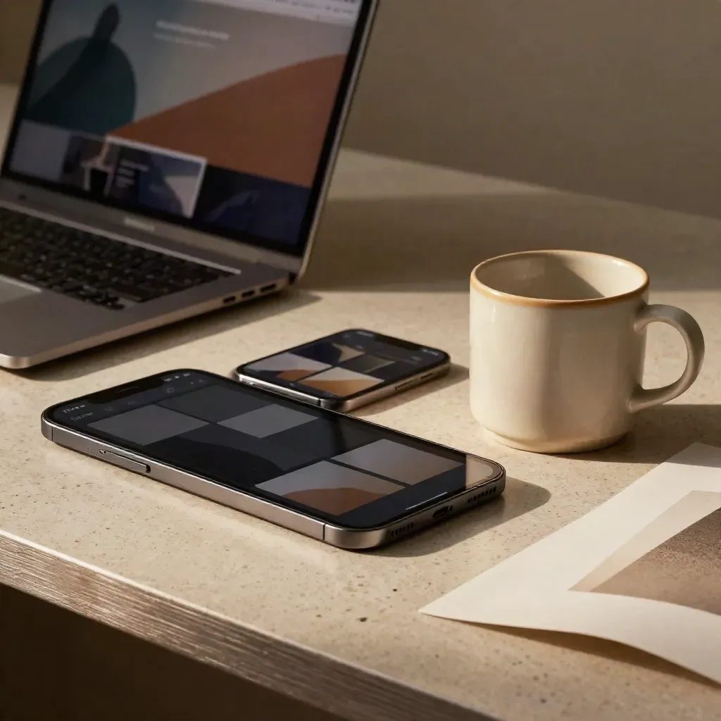 Laptop, tablet, phone, mug, and print samples on travertine in dramatic studio light.