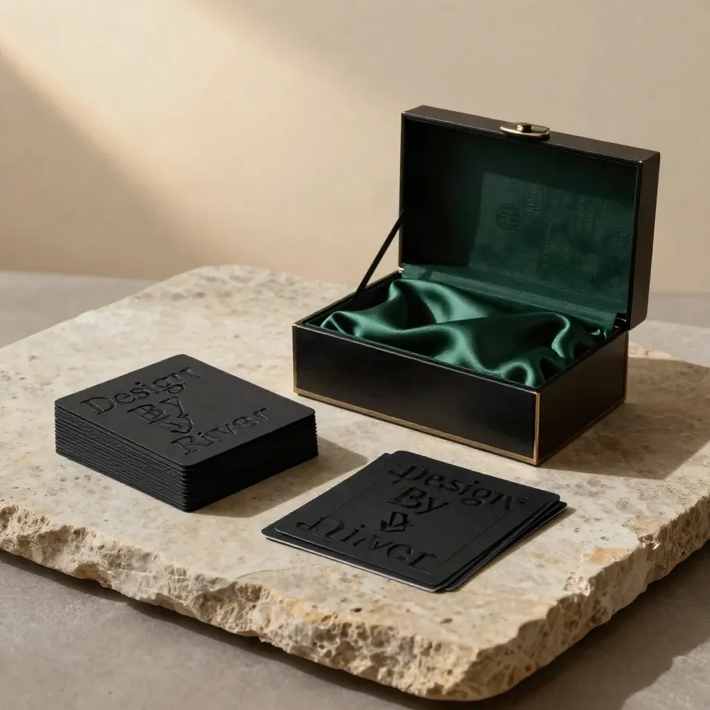 Logo set with embossed plate and lacquer box on warm stone, lit in soft golden editorial light.