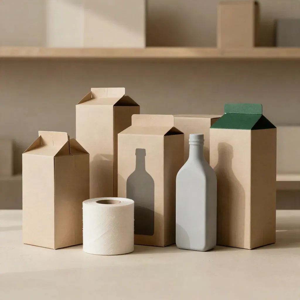 Stacked packaging mockup boxes, sleeves, tissue rolls and bottle shell on a plaster sweep.