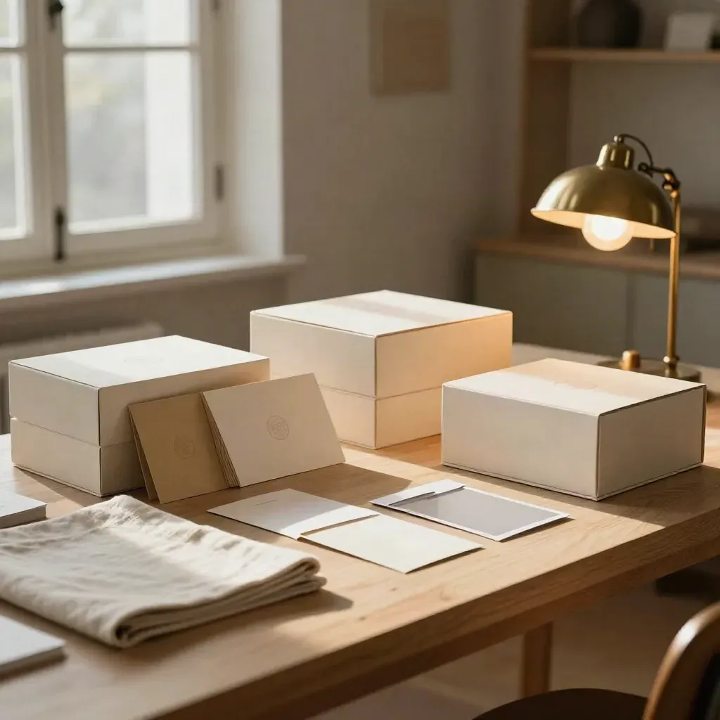 Sunlit launch kit workspace with cream boxes, cards, and a lit lamp on an oak bench.