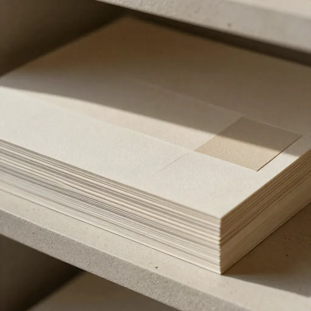 Textured paper stack with embossed sample cards and cream stone color chips in raking light