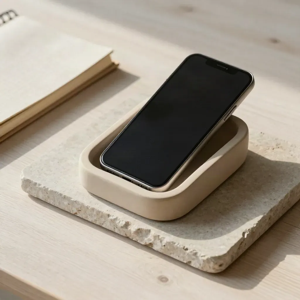 Ceramic phone cradle, stone tray and linen notebook on pale oak in soft daylight.