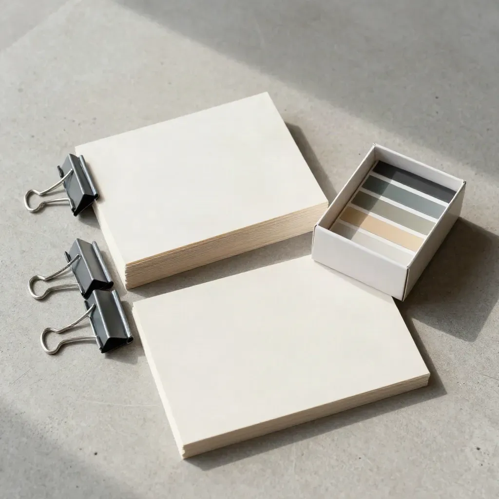 Overhead flatlay of cards, binder clips, and sample chips on pale concrete.