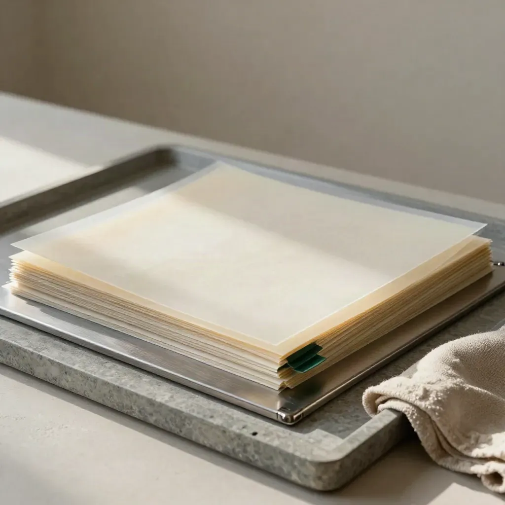 Vellum layers and acetate overlays clipped under a metal weight on a stone tray with a folded cloth.