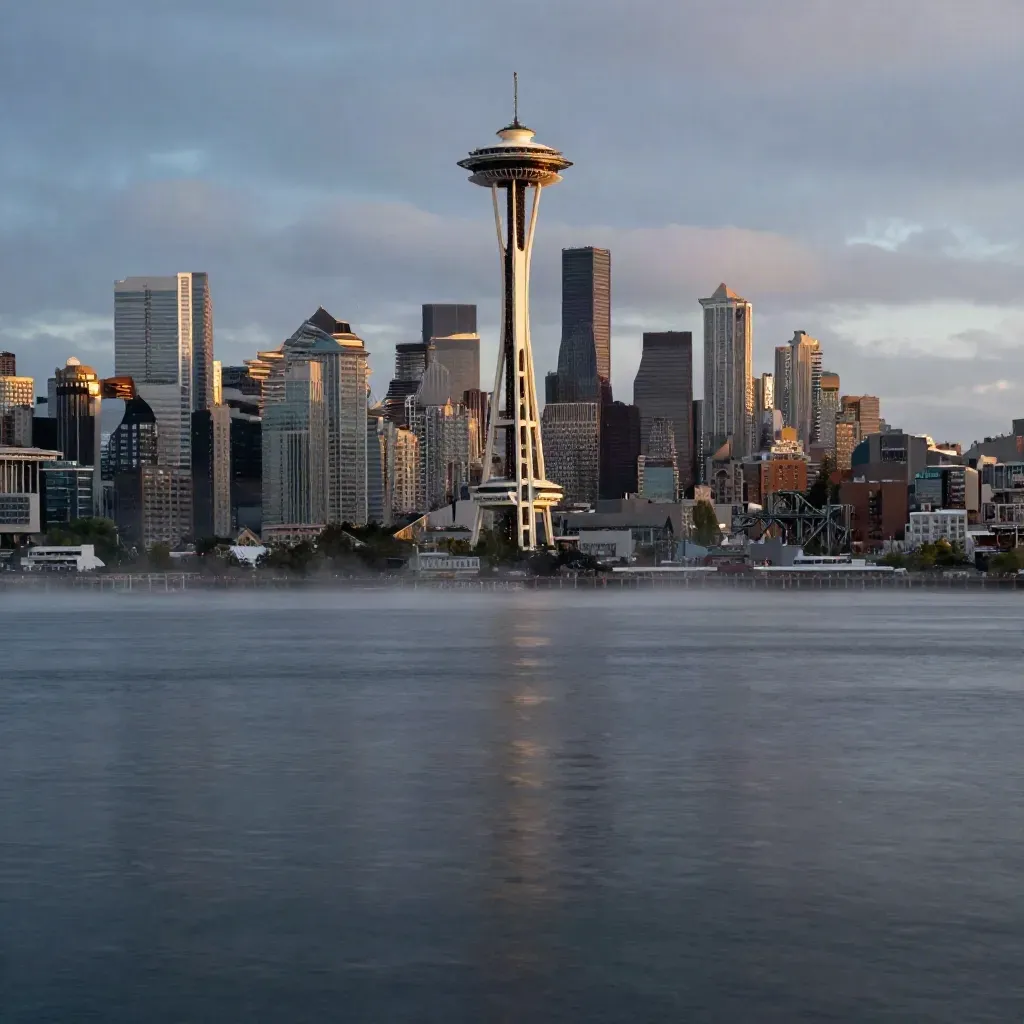 Seattle skyline with Space Needle above calm rain-darkened water at blue hour
