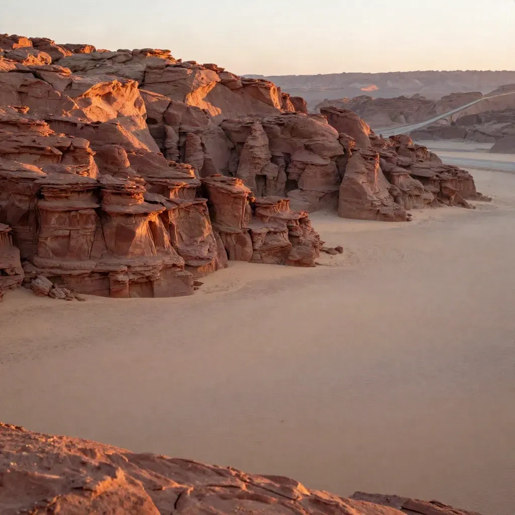 Red-rock mesa at golden hour with a distant highway and calm sandy foreground.