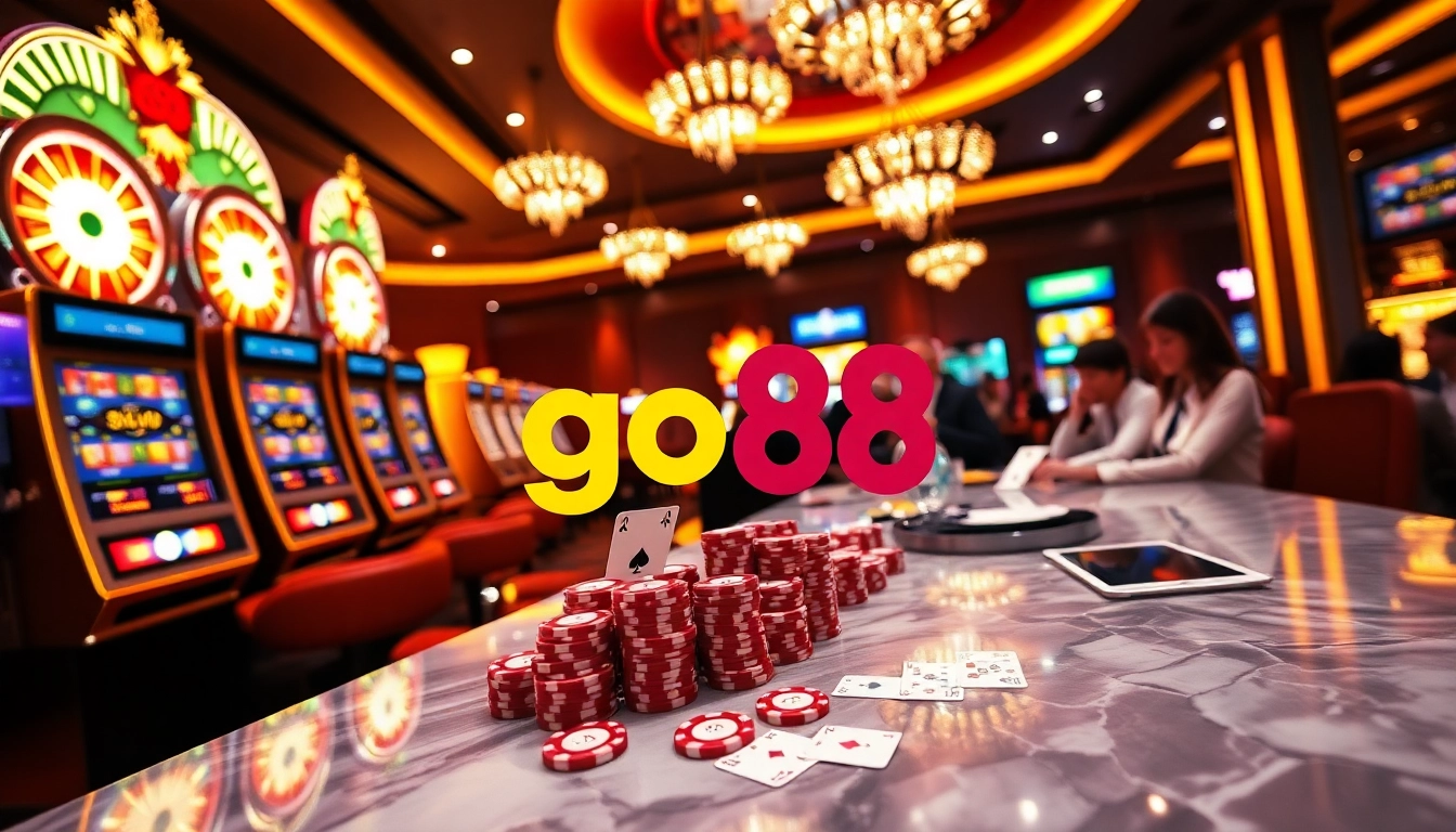 Players engaging with go88 online gaming, featuring vibrant tables, chips, and casino elements.