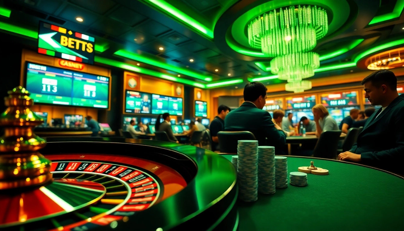 Placing bets on tỷ lệ kèo nhà cái with stylish poker chips and a roulette wheel in a vibrant casino.