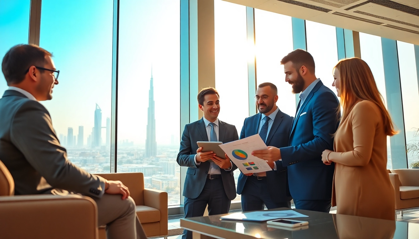 Engaged Business Consultants in Dubai strategizing with clients in a modern office setting.