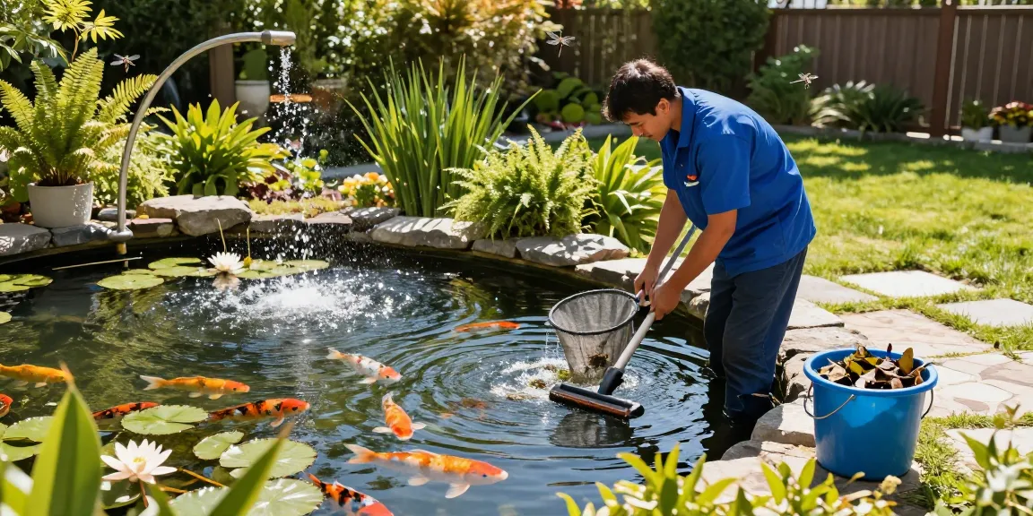 Pond Cleaning Essex professional technician netting debris from a tranquil koi pond surrounded by lush greenery and water features.