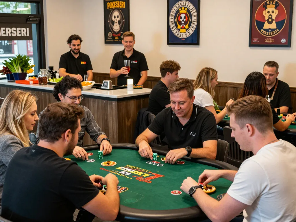 Engaging POKERSERI restaurant scene with guests enjoying gaming and delicious food.