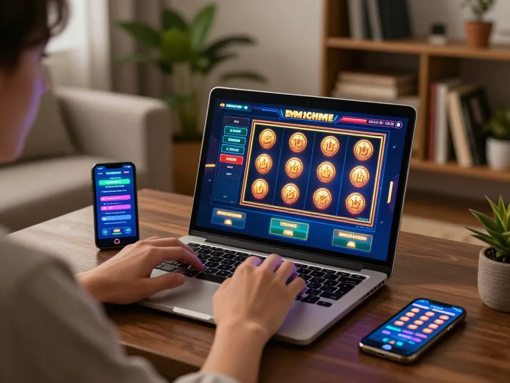 Engaging in judi slot gaming on a laptop, featuring vibrant interface and cozy home setting.
