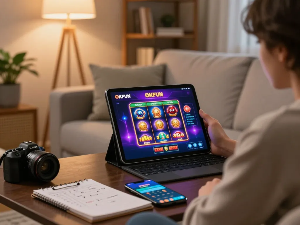 Engaging scene of a player enjoying OKFUN's casino slots on a tablet from a cozy living room setting.