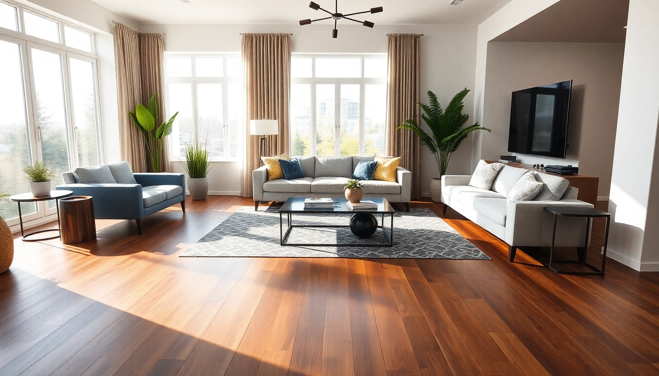 Explore beautiful walnut waterproof vinyl flooring near me in a stylish, contemporary living room.