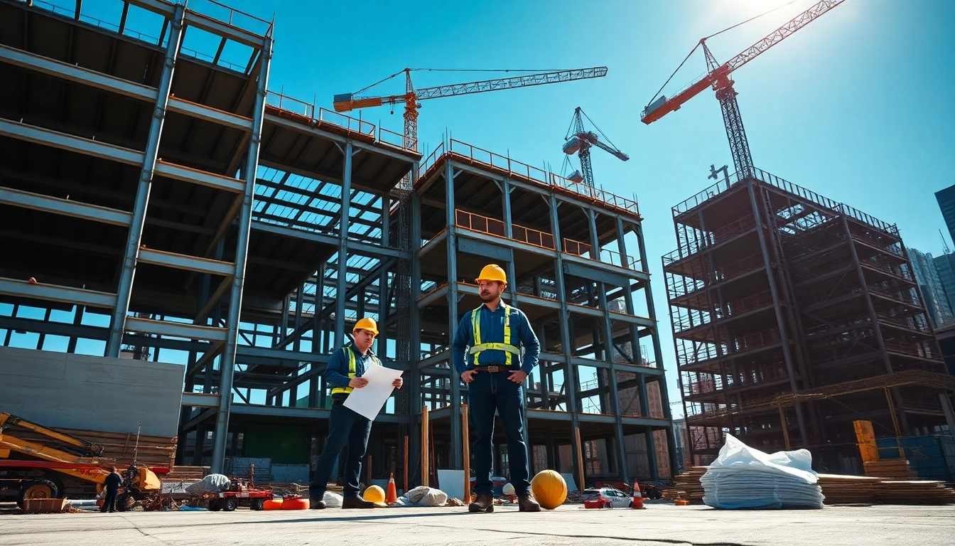 Showcasing New York Commercial General Contractor at work on a vibrant construction site with cranes and tools.
