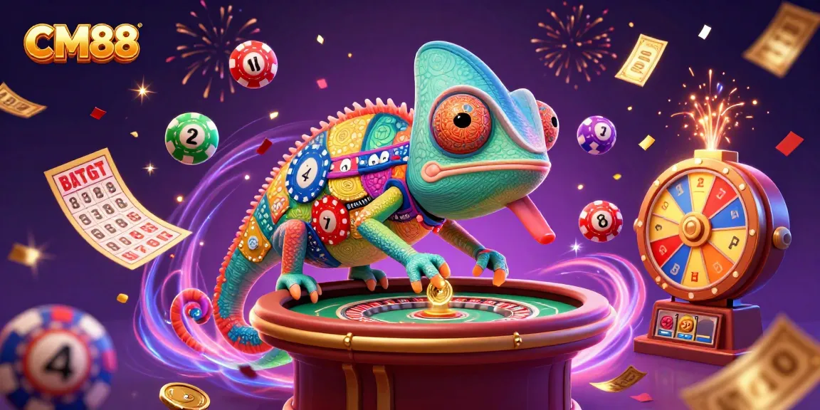 CM88 chameleon casino owner snatches golden coins in a vibrant 3D casino scene.