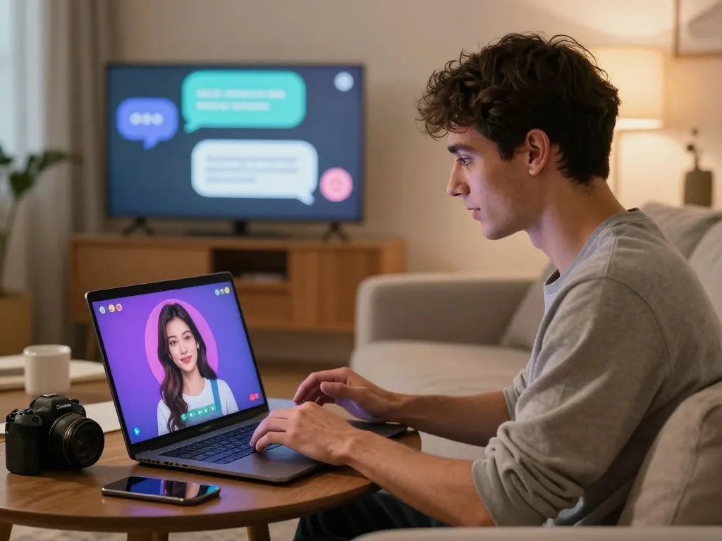 A young man chats with his AI girlfriend on a laptop in a cozy setting, emphasizing the technological companionship.