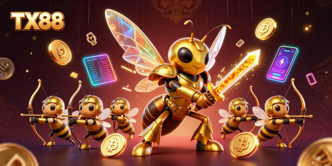 Experience TX88's gaming excitement with a vibrant 3D hornet scene packed with crypto elements.