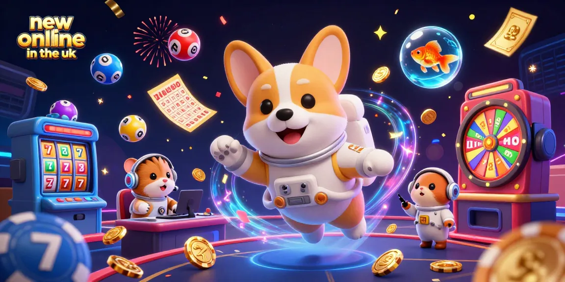 Capture the excitement of new online casinos in the UK with a vibrant, interactive floating casino scene.