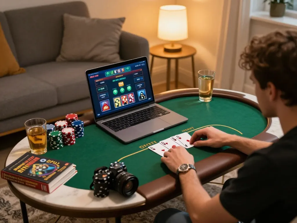 Player enjoying an engaging session at kkwin online casino, showcasing poker gameplay and cozy environment.