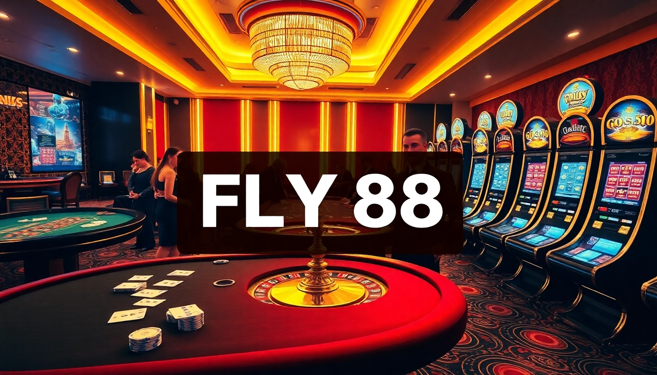 Gamblers enjoying the exciting atmosphere at FLY 88 casino with poker chips and roulette table.
