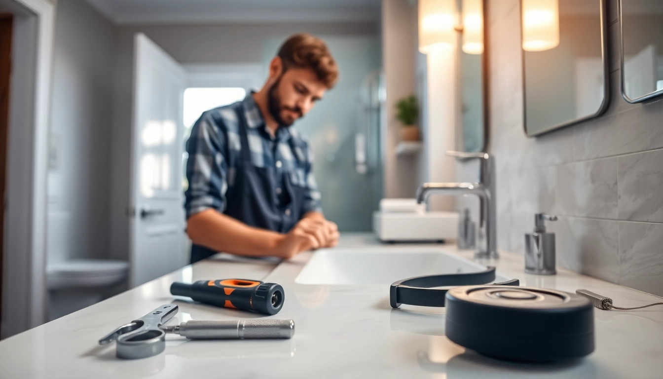 Find a reliable plumber near me fixing a sink in a modern bathroom.