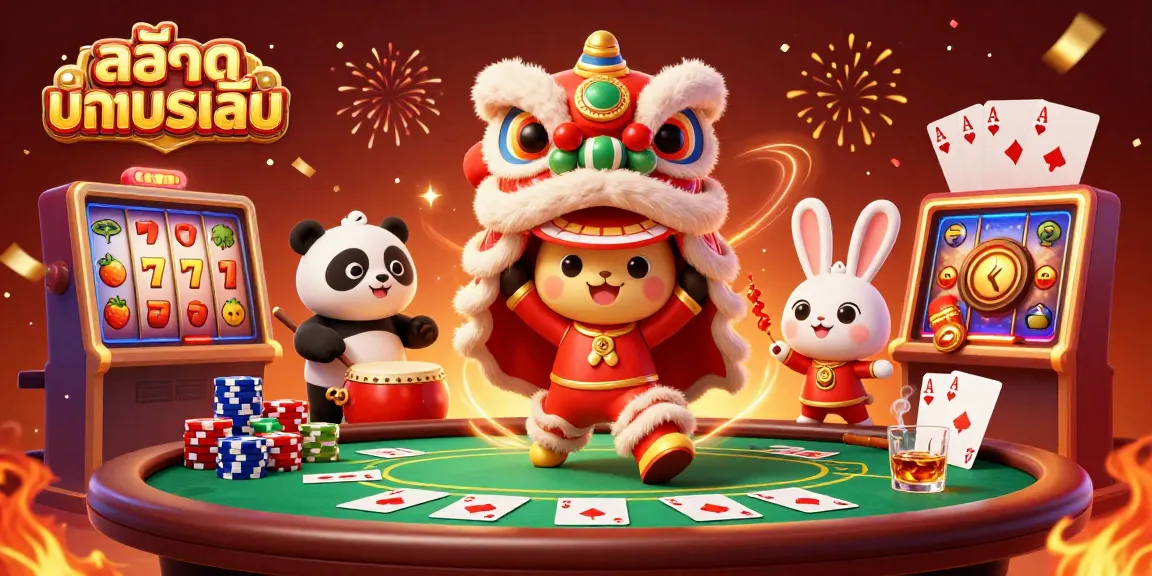 Experience thrilling สล็อตทดลองเล่น with vibrant cartoon characters celebrating at a casino-themed event.