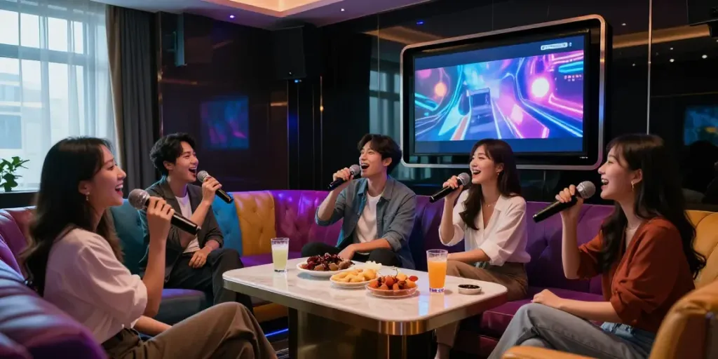강남 달토에서 친구들과 함께 즐거운 시간을 보내는 스타일리시한 카라오케 라운지의 모습
