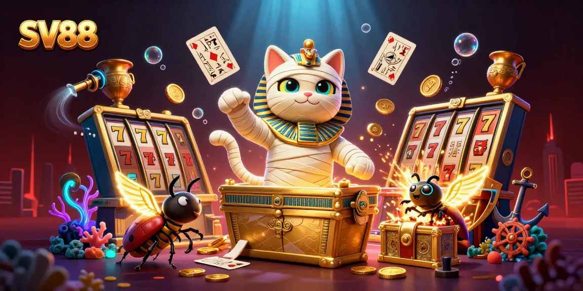 SV88 slot game illustrated with an Egyptian mummy cat, golden sarcophagus, and glowing elements for casino excitement