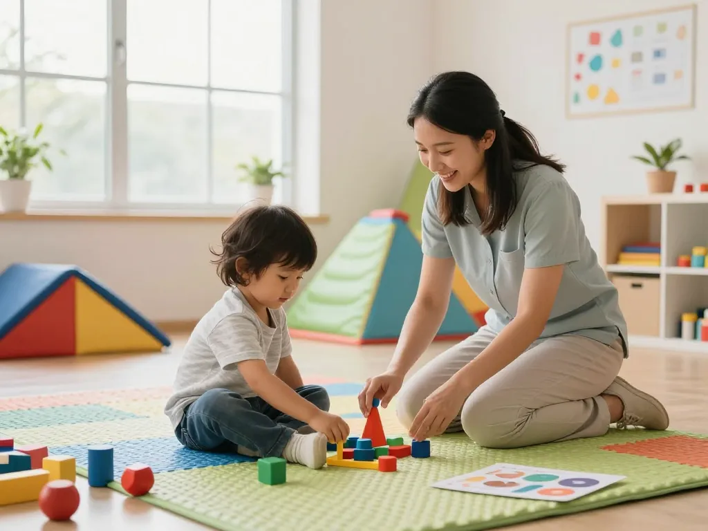 Child engaged in therapy at Advantage Therapy Norwes with warm guidance from therapist.