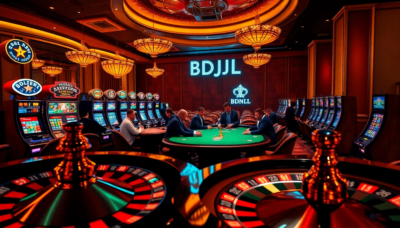 High-stakes poker game at a luxurious casino featuring the BDJL branding, excitement in the air.