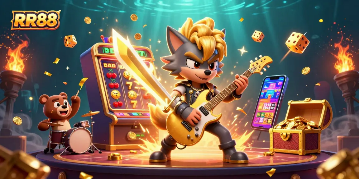 Experience RR88 thrills with a dynamic casino scene, featuring a rock star wolf and exciting games.