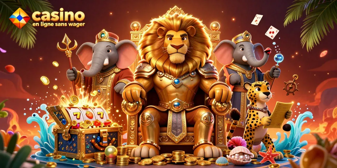 Illustration dynamique d'un casino en ligne sans wager avec un roi lion, un éléphant sage et un guépard messager.