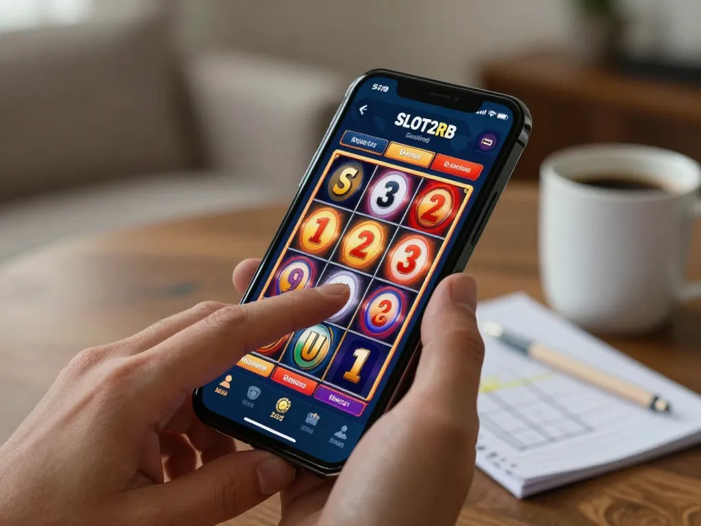 Engaging action with slot deposit 2rb showcased on smartphone screen displaying online slot gameplay in a cozy home setup.