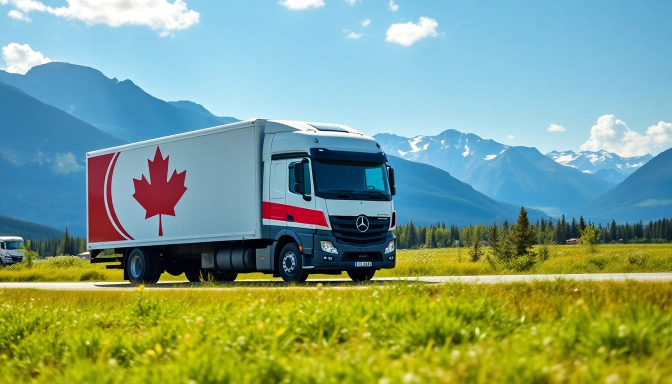 Canadian movers truck in a beautiful landscape showcasing moving services in Canada.